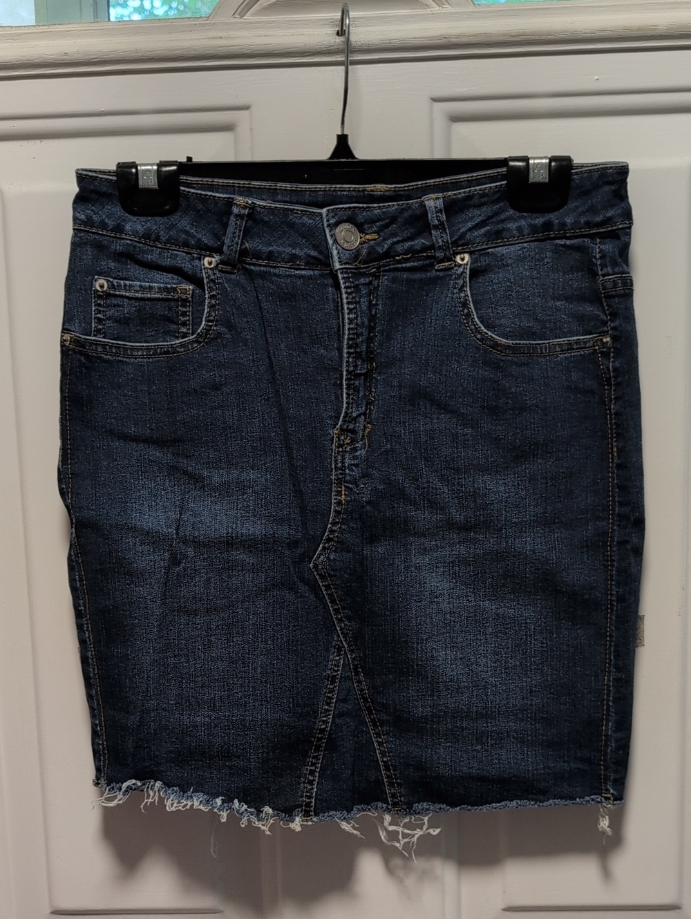 Classic Dark Blue Denim Mini Skirt with Frayed Hem